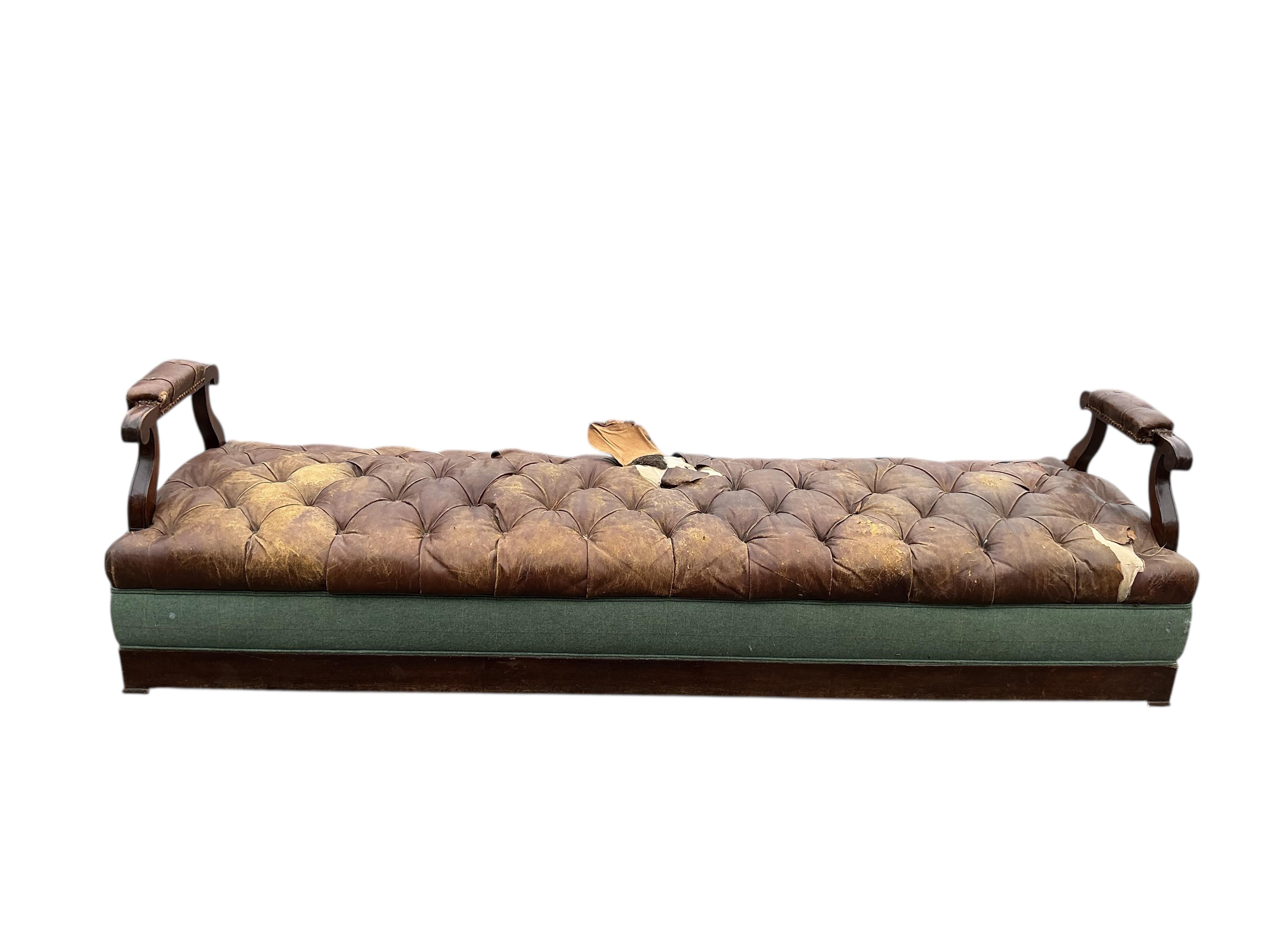 A Victorian oak and buttoned brown leather bench seat, width 266cm, depth 84cm, height 72cm